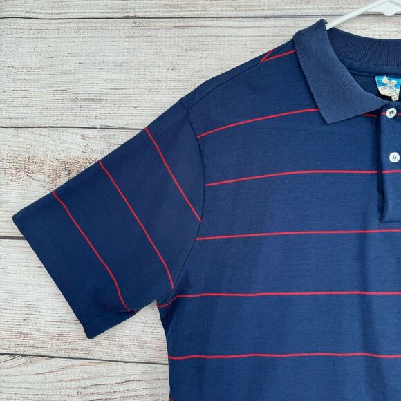 Vintage 80's Disney Mickey Mouse Striped Polo Shirt Men's Large Navy Blue/Red - Picture 5 of 11